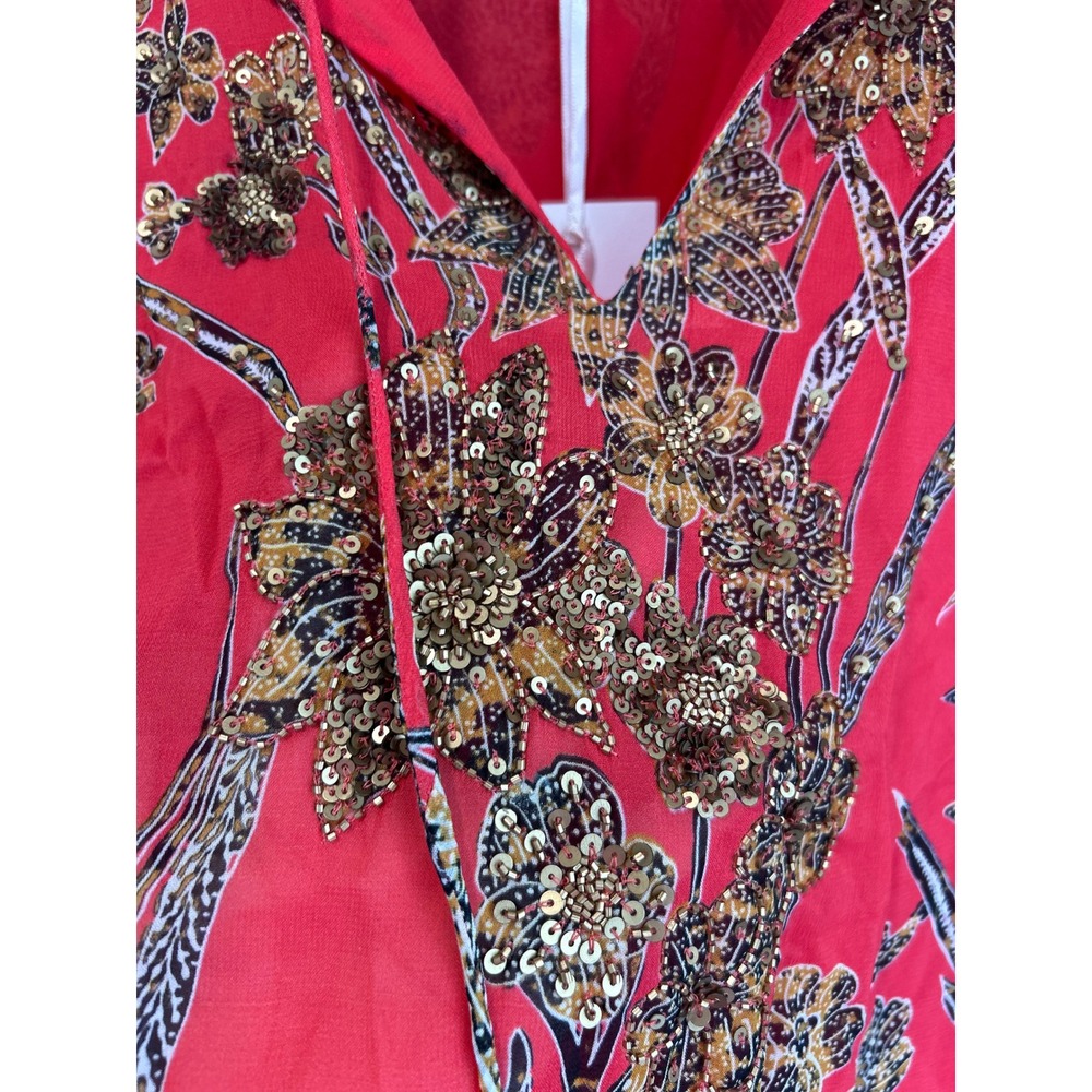 Bella Tu NWT Red Floral Embellished Silk Feel Boho Tunic Blouse Size S - Picture 2 of 7